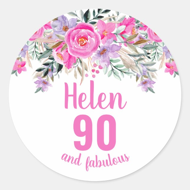 90th birthday pink watercolor floral classic round sticker (Front)