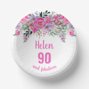 90th birthday pink watercolor floral  paper plate