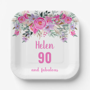 90th birthday pink watercolor floral  paper plate