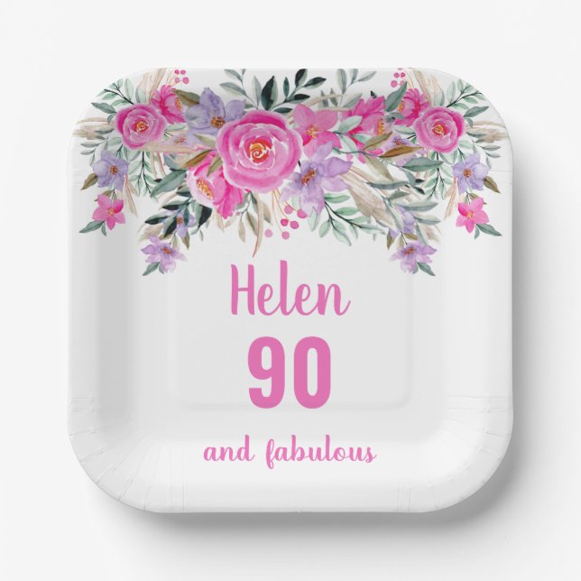 90th birthday pink watercolor floral  paper plate (Front)