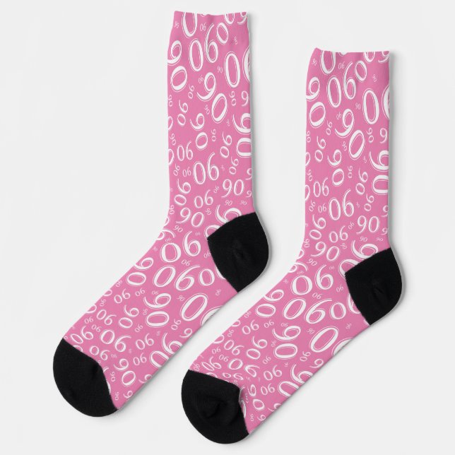 90th Birthday Pink/White Random Number Pattern 90 Socks (Left)