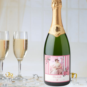 90th birthday pink white stripes floral photo sparkling wine label