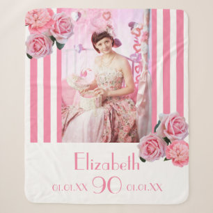 90th birthday pink white stripes florals photo sherpa blanket