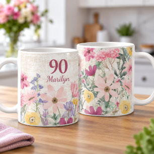90th Birthday Pink Wildflower Custom Gift for Her Coffee Mug