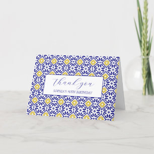 90th Birthday Portuguese Tiles Blue Thank you Card