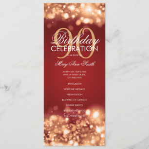 90th Birthday Program Glam Lights Red Gold Menu