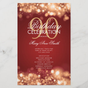 90th Birthday Program Lights Gold Red Menu