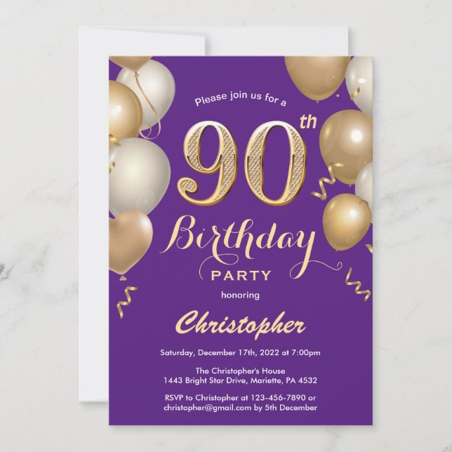 90th Birthday Purple and Gold Balloons Confetti Invitation (Front)