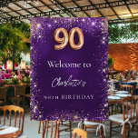 90th birthday purple glitter sparkles welcome poster<br><div class="desc">A welcome poster for a girly and glamourous 90th birthday party.  A deep purple background decorated with faux glitter,  sparkles. The purple colour is uneven. Personalize and a name.</div>