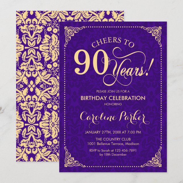 90th Birthday - Purple Gold Damask Invitation (Front/Back)