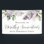 90th Birthday Purple Lilac Spring Flower Welcome Banner<br><div class="desc">Soft watercolor purple lilacs create a pretty springtime 90th birthday welcome banner. The calligraphy adds an elegant touch. All of the text is easily edited. This item is part of the Purple Spring Lilac Flower collection. It lets you choose a theme and then easily create a unique invitation suite, welcome...</div>