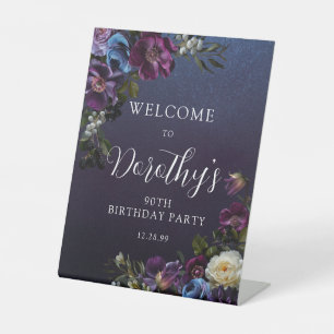 90th Birthday Purple Moody Flower Custom Welcome  Pedestal Sign