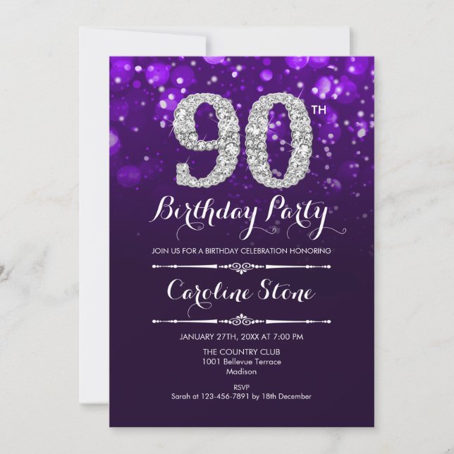 90th Birthday - Purple Silver Invitation (Front)