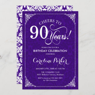 90th Birthday - Purple White Damask Invitation