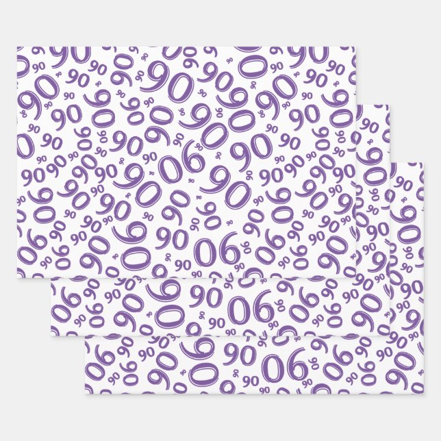 90th Birthday Purple & White Random Number Pattern Wrapping Paper Sheet (Set)