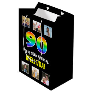 90th Birthday: Rainbow “90“, Custom Photos & Name Medium Gift Bag