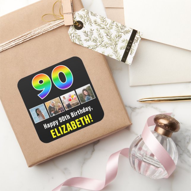 90th Birthday: Rainbow “90”; Custom Photos & Name Square Sticker (Gifting)