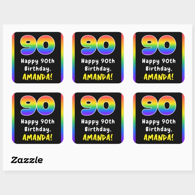 90th Birthday: Rainbow Spectrum # 90, Custom Name Square Sticker (Sheet)