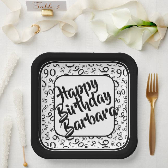 90th Birthday Random Number Pattern Black White Paper Plate (Wedding)