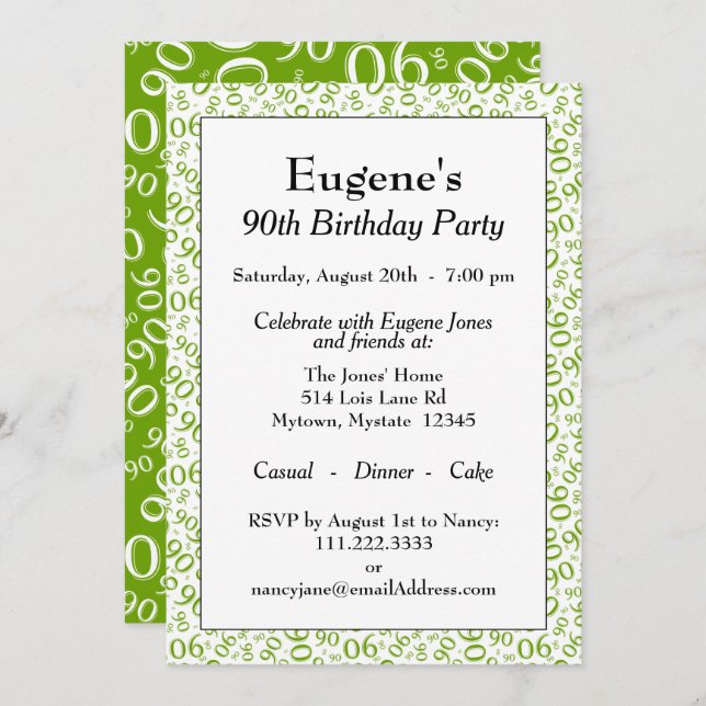 90th Birthday Random Number Pattern Green/White Invitation (Front/Back)