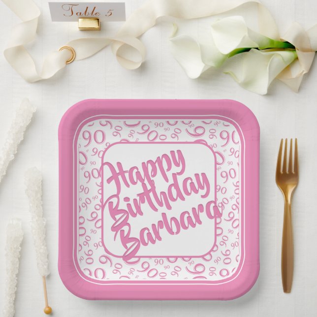 90th Birthday Random Number Pattern Pink White Paper Plate (Wedding)