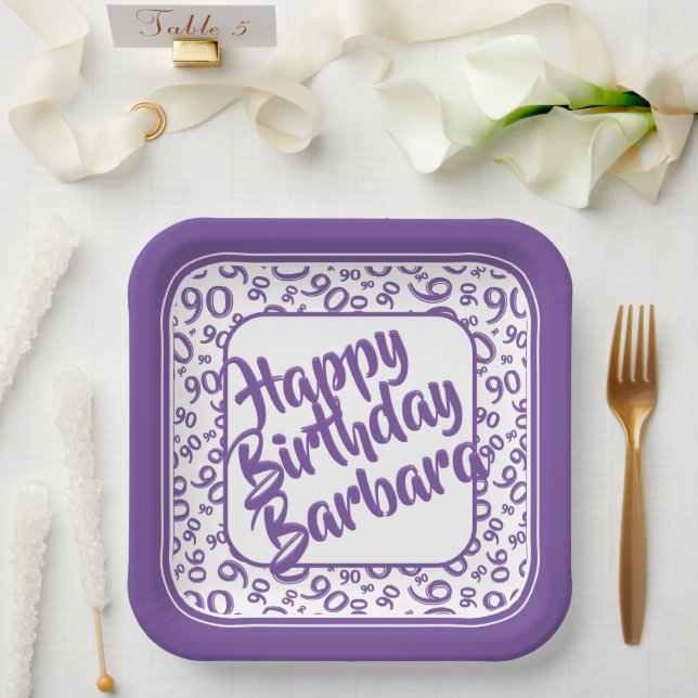 90th Birthday Random Number Pattern Purple White Paper Plate (Wedding)