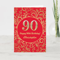 90th Birthday Red and Gold Floral Pattern