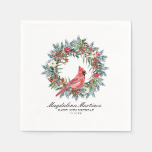 90th Birthday Red Cardinal Wreath Custom Cocktail Napkin