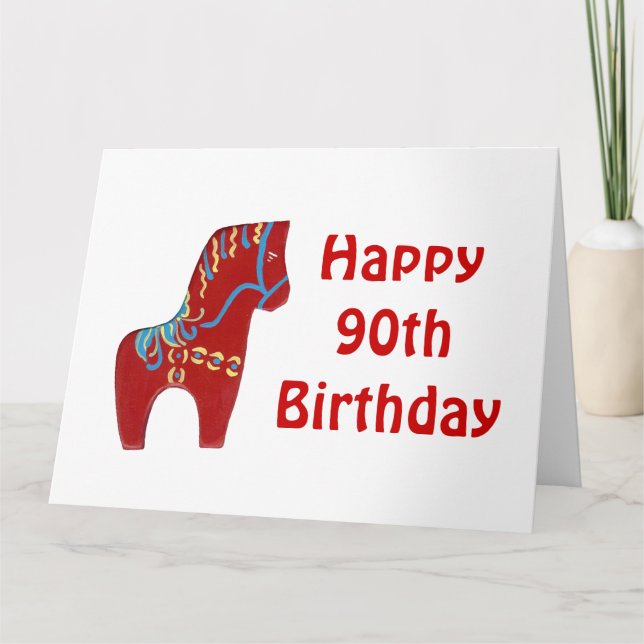 90th Birthday Red Dala Horse Card (Front)