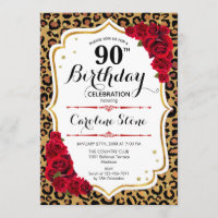 90th Birthday - Red Gold Leopard Print