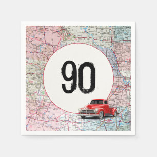 90th Birthday Red Retro Truck on Road Map Napkin