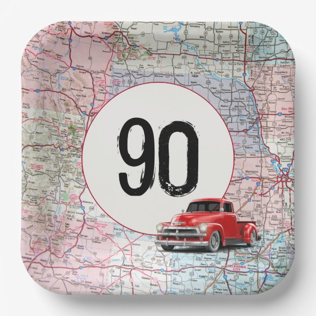 90th Birthday Red Retro Truck on Road Map Paper Plate (Front)