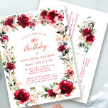 90th Birthday Red Rose Pink Peony Invitation Postcard<br><div class="desc">Elegant red roses and pink peonies are nestled in dark green leaves to create a beautiful floral frame that surrounds your birthday details. Traditional and classic calligraphy adds a luxe aesthetic to the design. You'll be proud to send this to your guests.</div>
