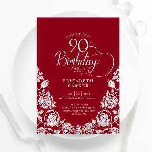 90th Birthday Red Silver Roses Invitation