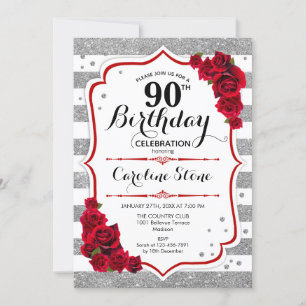 90th Birthday -  Red Silver White Stripes Roses Invitation