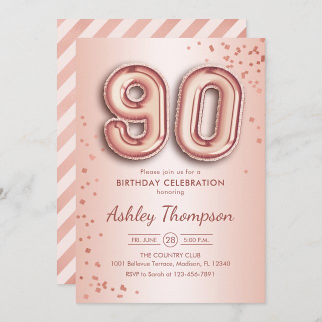 90th Birthday - Rose Gold Balloons Invitation (Front/Back)