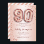 90th Birthday - Rose Gold Balloons Invitation<br><div class="desc">90th birthday party invitation. Elegant design in faux glitter rose gold. Invite card features rose gold number 90 balloons and script font. Perfect for a stylish bday celebration. Message me if you need custom age.</div>