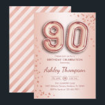 90th Birthday - Rose Gold Balloons Invitation<br><div class="desc">90th birthday party invitation. Elegant design in faux glitter rose gold. Invite card features rose gold number 90 balloons and script font. Perfect for a stylish bday celebration. Message me if you need custom age.</div>