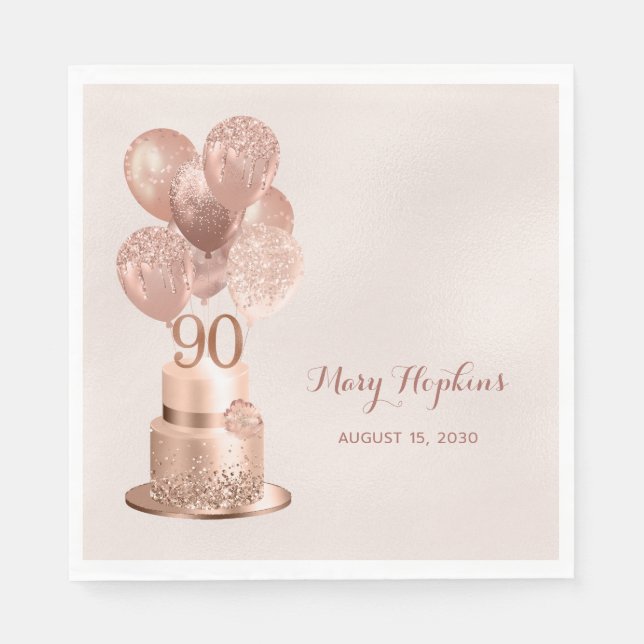 90th Birthday Rose Gold Cake Napkin (Front)