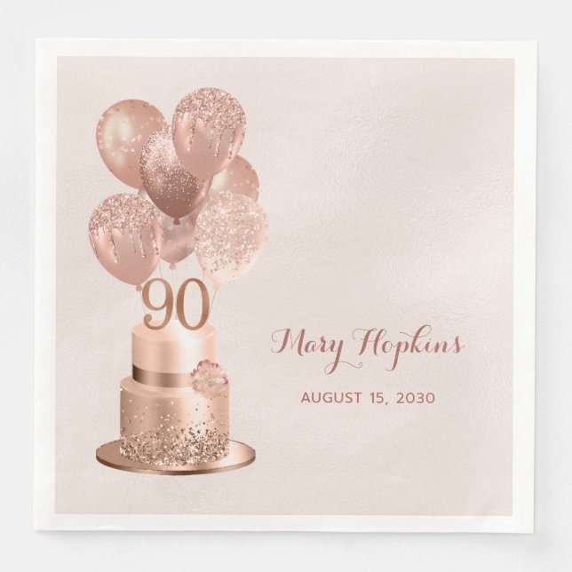 90th Birthday Rose Gold Cake Napkin (Front)