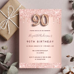 90th birthday rose gold glitter drips pink glam invitation<br><div class="desc">A modern, stylish and glamourous invitation for a 90th birthday party. A faux rose gold metallic looking background with an elegant faux rose gold glitter drip, paint drip look. The name is written with a modern dark rose gold coloured hand lettered style script. Personalize and add your party details. Number...</div>