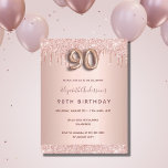 90th birthday rose gold glitter pink invitation postcard<br><div class="desc">A modern, stylish and glamourous invitation for a 90th birthday party. A faux rose gold metallic looking background with an elegant faux rose gold glitter drip, paint drip look. The name is written with a modern dark rose gold coloured hand lettered style script. Personalize and add your party details. Number...</div>