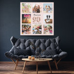 90th birthday rose gold pink custom photo collage faux canvas print<br><div class="desc">A unique gift for a 90th birthday, celebrating her life with a collage of 8 of your own photos, pictures. Personalize and add her name and a date. A chic rose gold, blush pink background. The name is written with a modern hand lettered style script, number 90 with a balloon...</div>