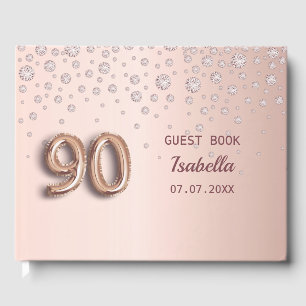 90th birthday rose gold pink diamonds guest book