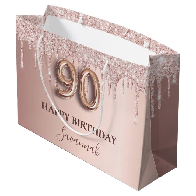 90th birthday rose gold pink drips large gift bag (Back Angled)