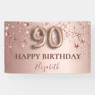 90th birthday rose gold pink stars balloon script banner