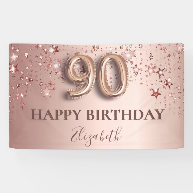90th birthday rose gold pink stars balloon script banner (Horizontal)