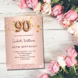 90th birthday rose gold pink stars balloon script invitation<br><div class="desc">A modern, stylish and glamourous invitation for a 90th birthday party. A faux rose gold metallic looking background with faux gold dripping stars. The name is written with a modern dark rose gold coloured hand lettered style script. Personalize and add your party details. Number 90 is written with a balloon...</div>