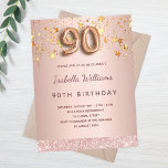 90th birthday rose gold pink stars balloon script postcard<br><div class="desc">A modern, stylish and glamourous invitation for a 90th birthday party. A faux rose gold metallic looking background with faux gold dripping stars. The name is written with a modern dark rose gold coloured hand lettered style script. Personalize and add your party details. Number 90 is written with a balloon...</div>