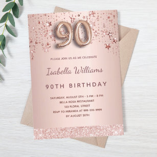 90th birthday rose gold pink stars invitation